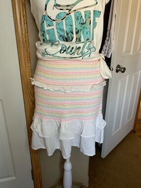 CABANA by crown & ivy White Smocked Ruffle Mini Skirt with Neon Zigzags Size L